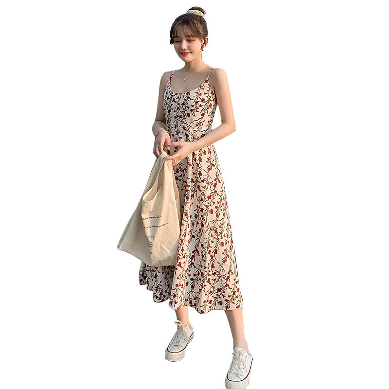 Floral strap dress women's waist slimming summer small fresh 2024 new long skirt foreign trade women's wholesale by DERILUJA LLC