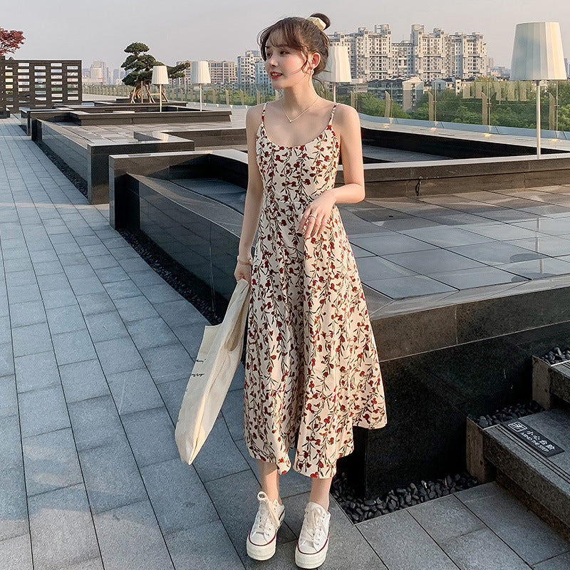 Floral strap dress women's waist slimming summer small fresh 2024 new long skirt foreign trade women's wholesale by DERILUJA LLC