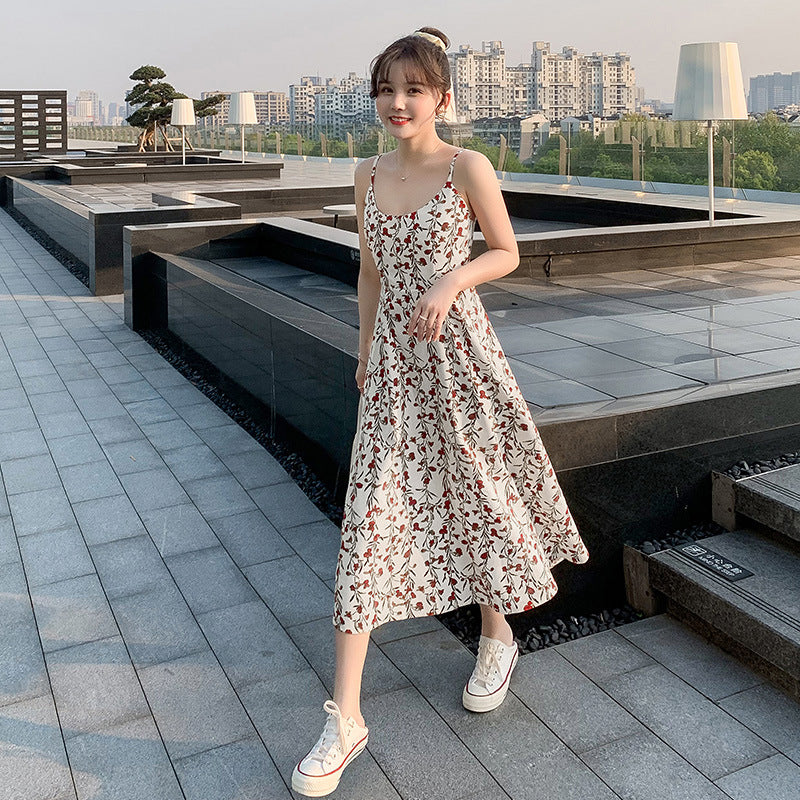 Floral strap dress women's waist slimming summer small fresh 2024 new long skirt foreign trade women's wholesale by DERILUJA LLC