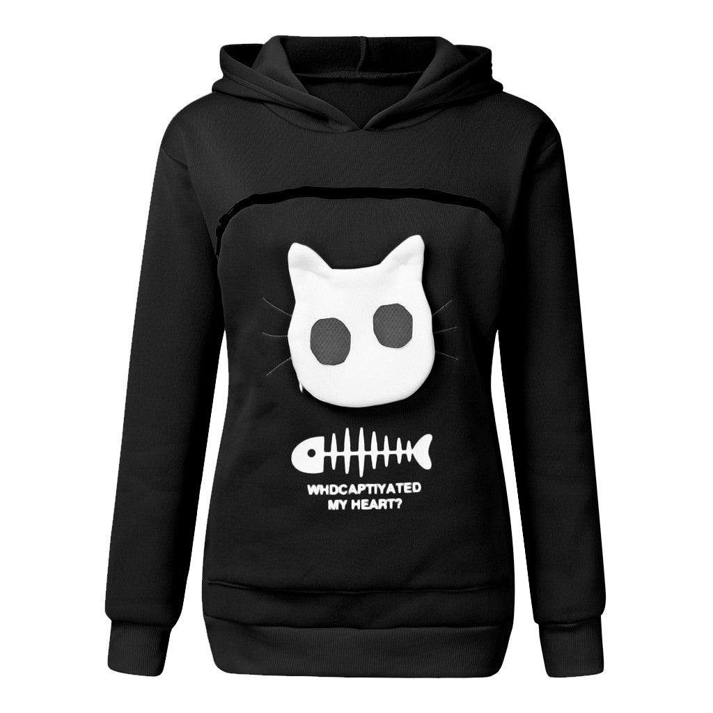 Women Hoodie Sweatshirt With Cat Pet Pocket Design Long Sleeve Sweater Cat Outfit by DERILUJA LLC