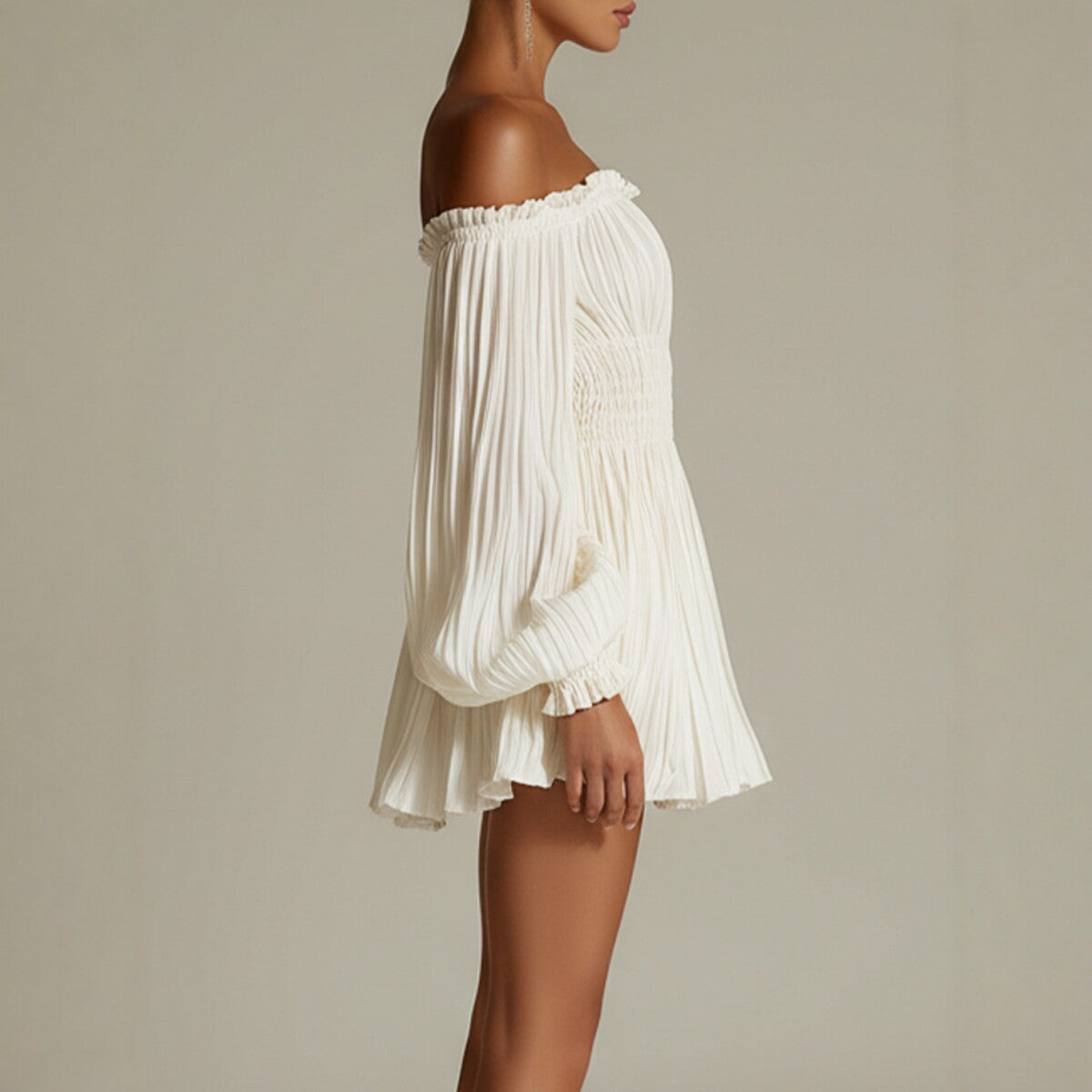 Elegant One-Shoulder Pleated Fitted Long Sleeve Dress for Women by eprolo