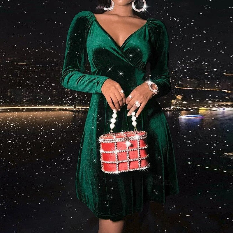 Autumn Festival Christmas Long Sleeve V-neck Dress by Badon Shop LLC