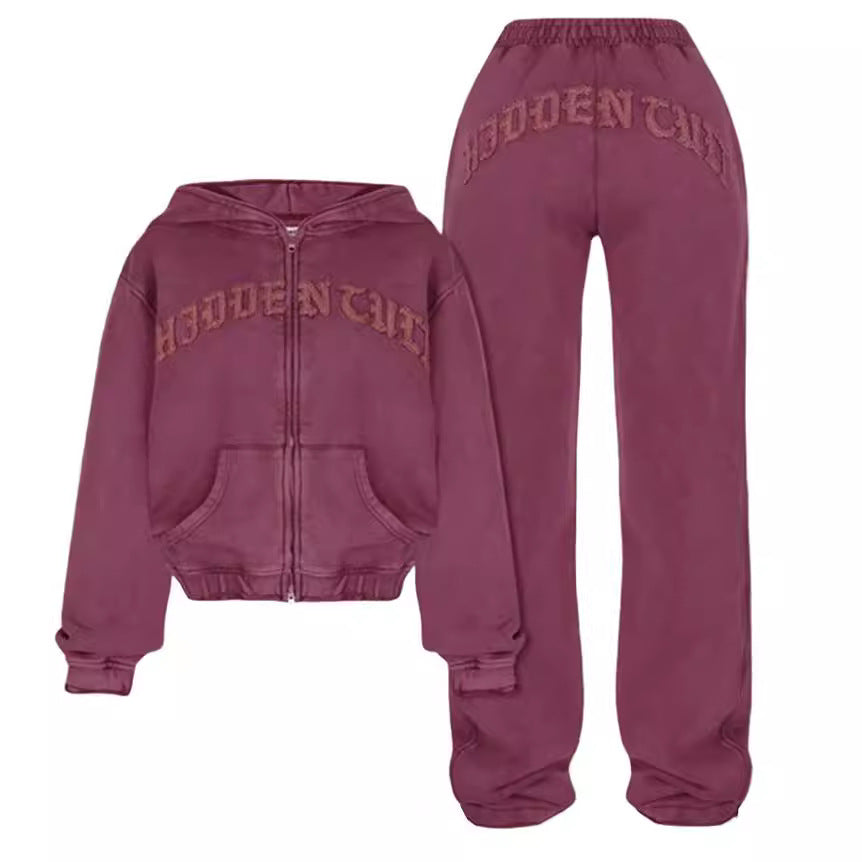 Ins Letter Sports Suit Zip-up Hooded Cropped Sweatshirt Top And Loose Drawstring Trousers Fashion Womens Clothing by DERILUJA LLC
