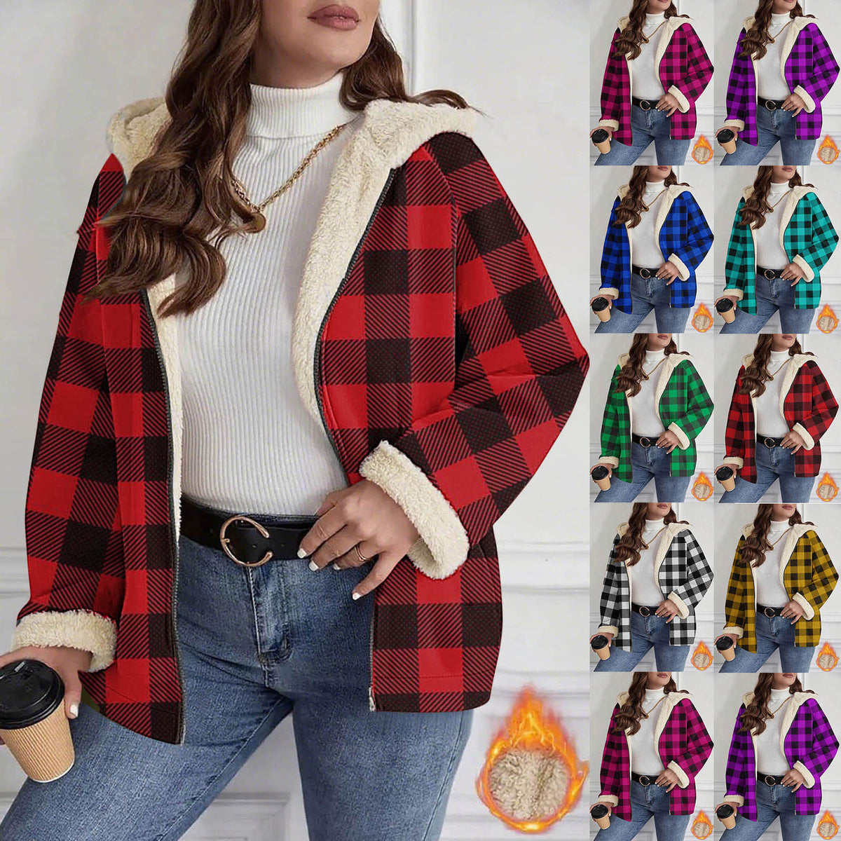 AutumnWinter Plaid Shearling Jacket Fluffy Coat by DERILUJA LLC