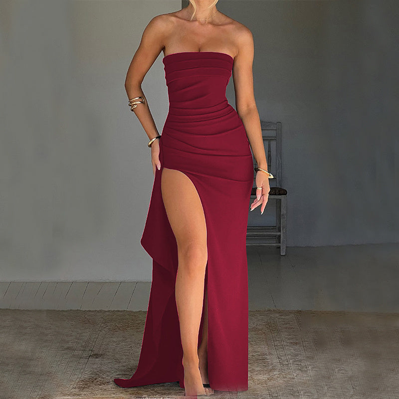 Strapless Split Long Dress Summer Fashion Pleated Bridesmaid Dress For Womens Party Wedding Clothing by My Store