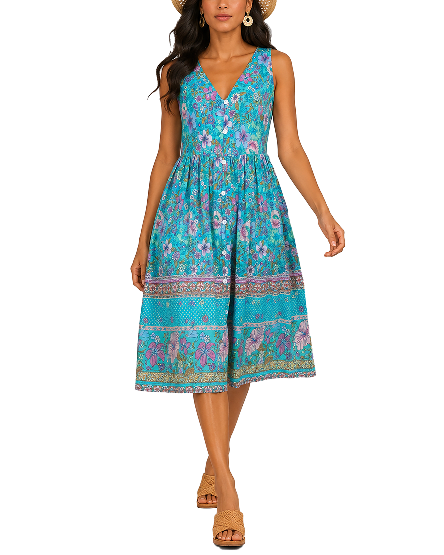 Women's Fashion Ethnic Style Blue Printed V-Neck Open Front Sleeveless Dress by eprolo