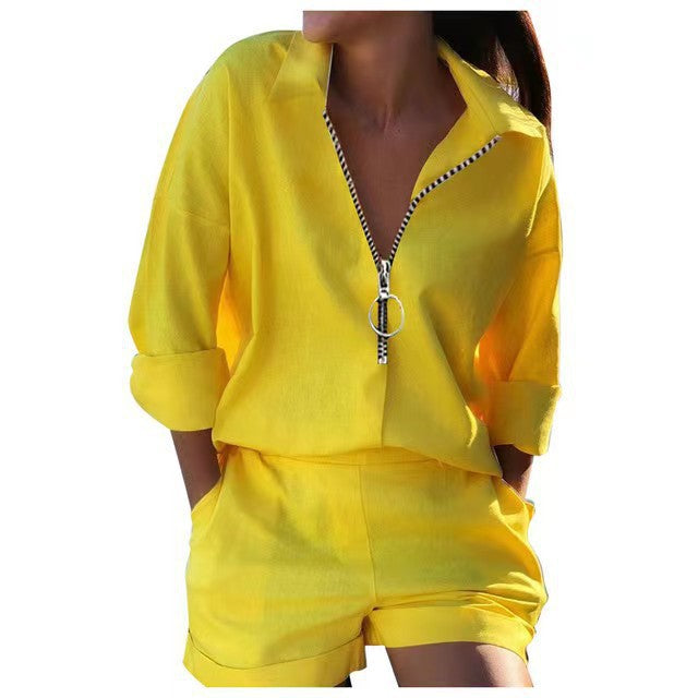Fashionable Spring Women's Two-Piece Set with Long Sleeve Printed Zip-Up Top and Shorts by eprolo