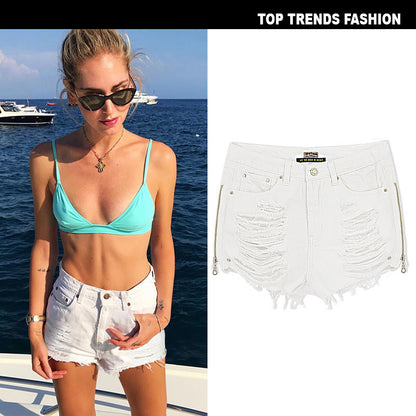 Beach Vacation Women's High Waist Double Side Zipper Washed Frayed Tassel Back Pocket Embroidered Star Denim Shorts Beach Vacation