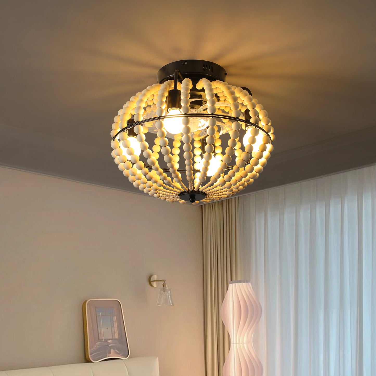 Beaded Fan lamp Wood Beaded Chandelier Oak White by eprolo