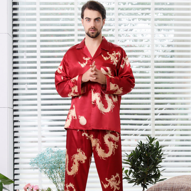 Simulated silk couple sleepwear new long sleeved set men's and women's V-neck silk printed dragon and phoenix home clothes by eprolo