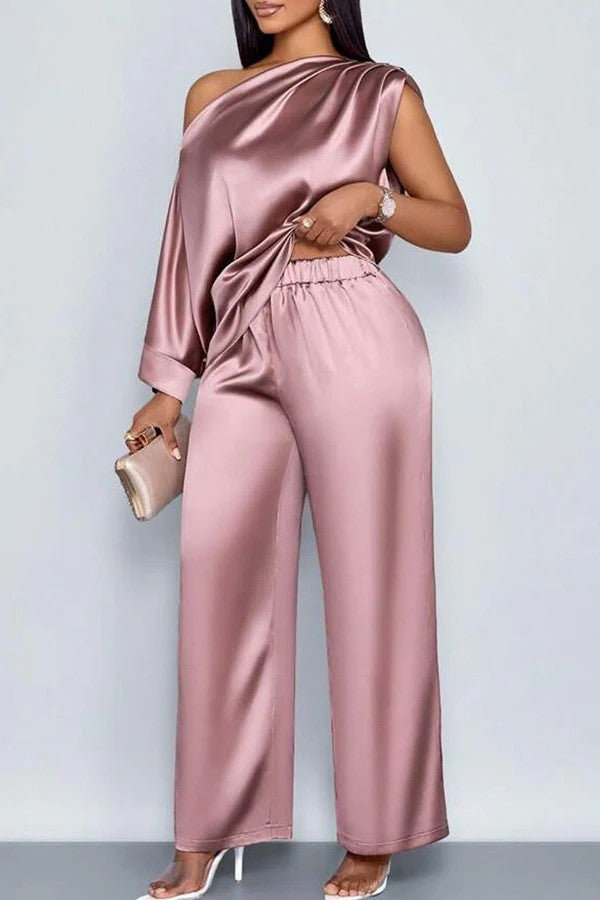 Long-sleeved Suit Off-shoulder Pullover Shirt Top And Loose Straight-leg Trousers Women's Clothing by DERILUJA LLC