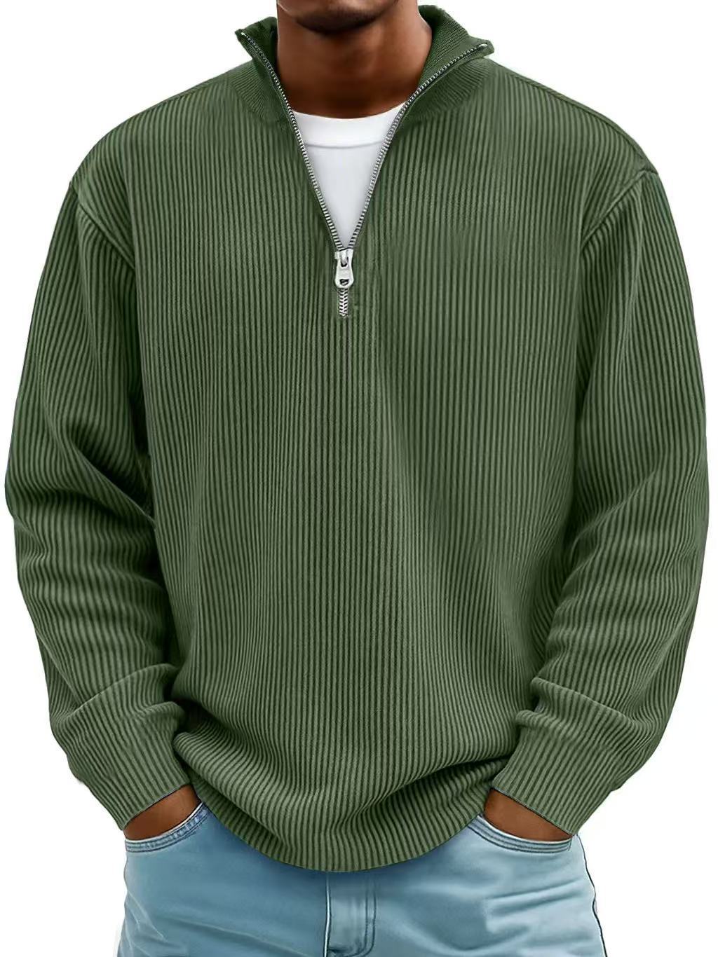 Corduroy Zipper Stand Collar Sweatshirt Fashion Warm Solid Color Long Sleeve Top Men's Casual Polo Shirt Clothing by My Store