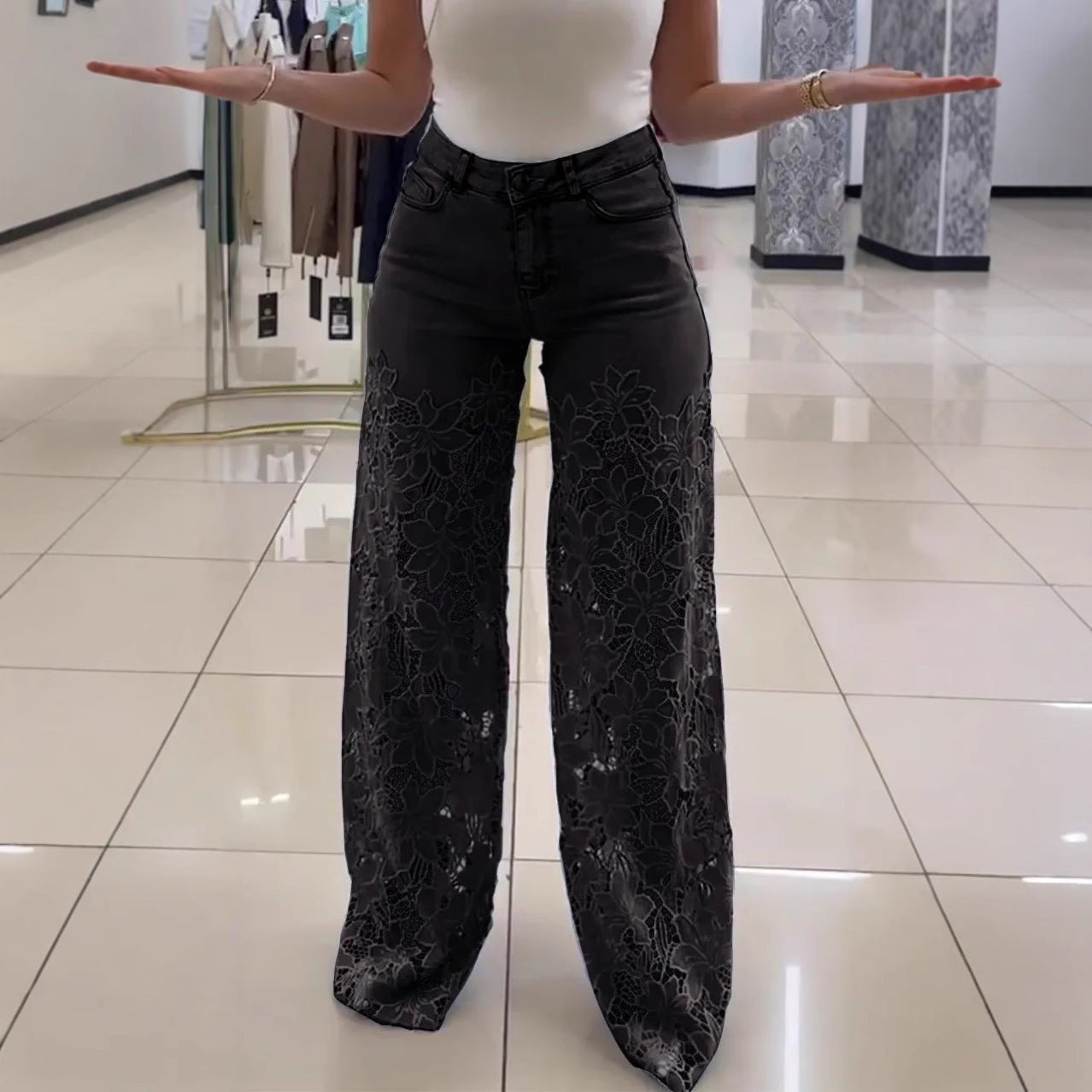 Y2K Lace Flowers Hollow Jeans Fashion High Waist Straight Wide Leg Pants Solid Color Trousers Women's Clothing by My Store