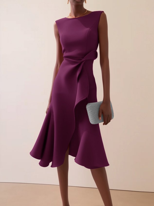 Women's Bow-knot Sleeveless Dress Summer Round Neck Red Temperament by DERILUJA LLC