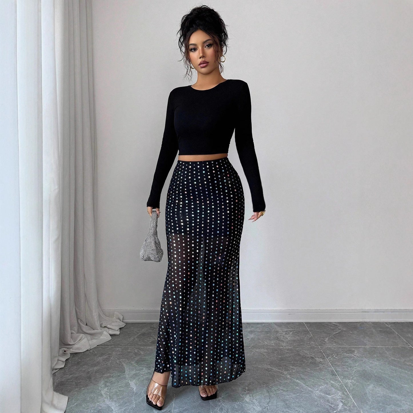 Shimmery Sequin Doublelayer Mesh Highwaist Figurehugging Hipskimming Skirt by DERILUJA LLC