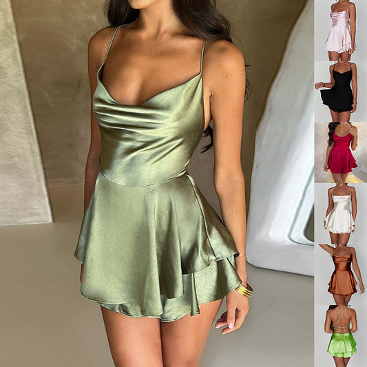 Skirt For Women Elegant Slim Strap Satin Backless Lace Up A-Line Short Dress Lady