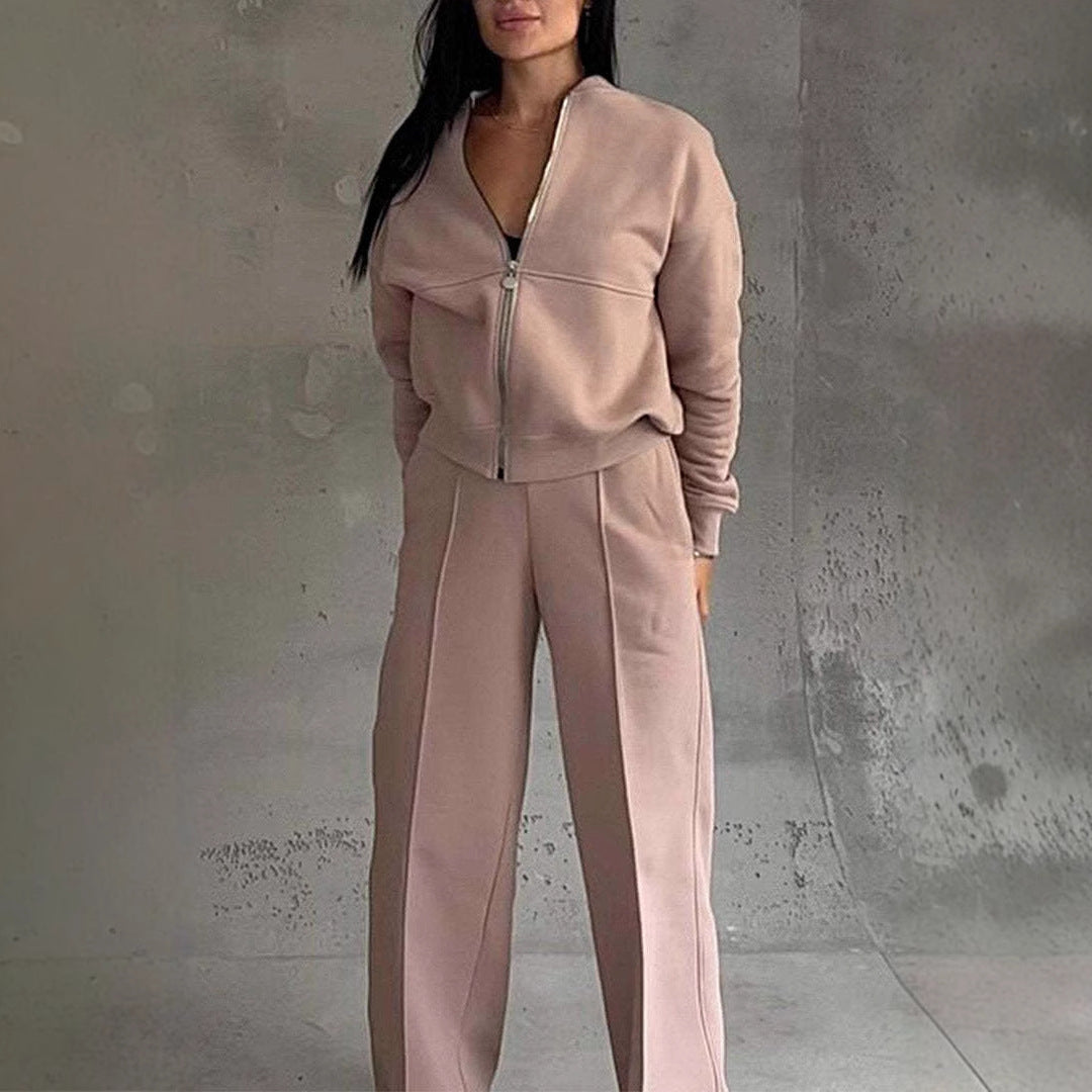 Women's Sports Suits Zipper Jacket And Wide Leg Pants Two-piece Set by My Store