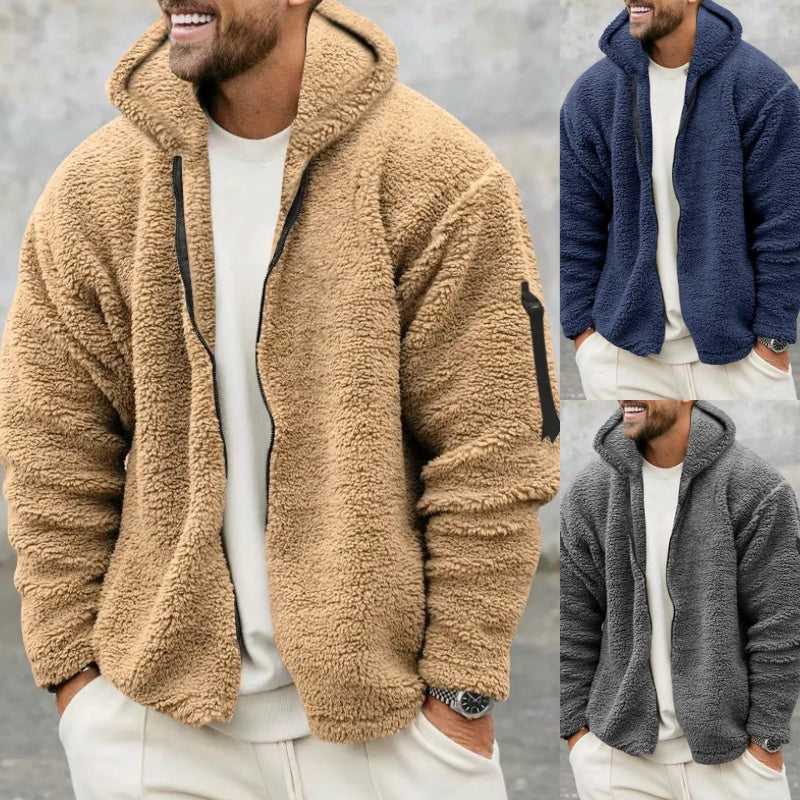 Plush Hooded Jacket Men's Autumn And Winter Fleece Double-sided Wear Warm Coat With Zipper Loose Casual Jacket Outdoor Clothing by DERILUJA LLC