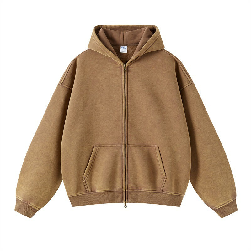 Solid color distressed fleece hoodie loose and versatile washed zipper sweatshirt for men by eprolo