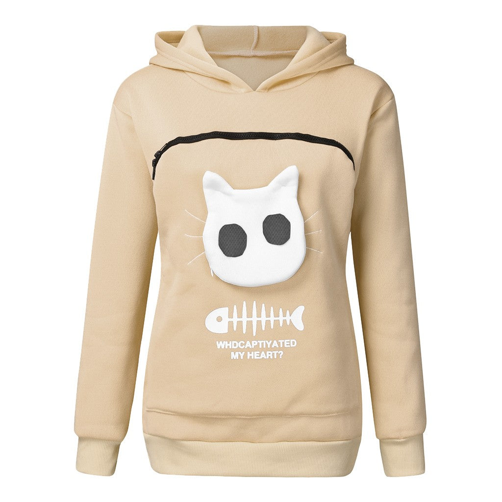 Women Hoodie Sweatshirt With Cat Pet Pocket Design Long Sleeve Sweater Cat Outfit by DERILUJA LLC