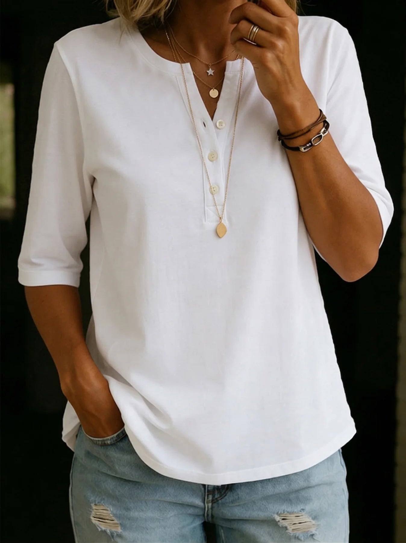 Classic Henley Neck Style Spring Summer New Women's Solid Color Button-Up Top by eprolo