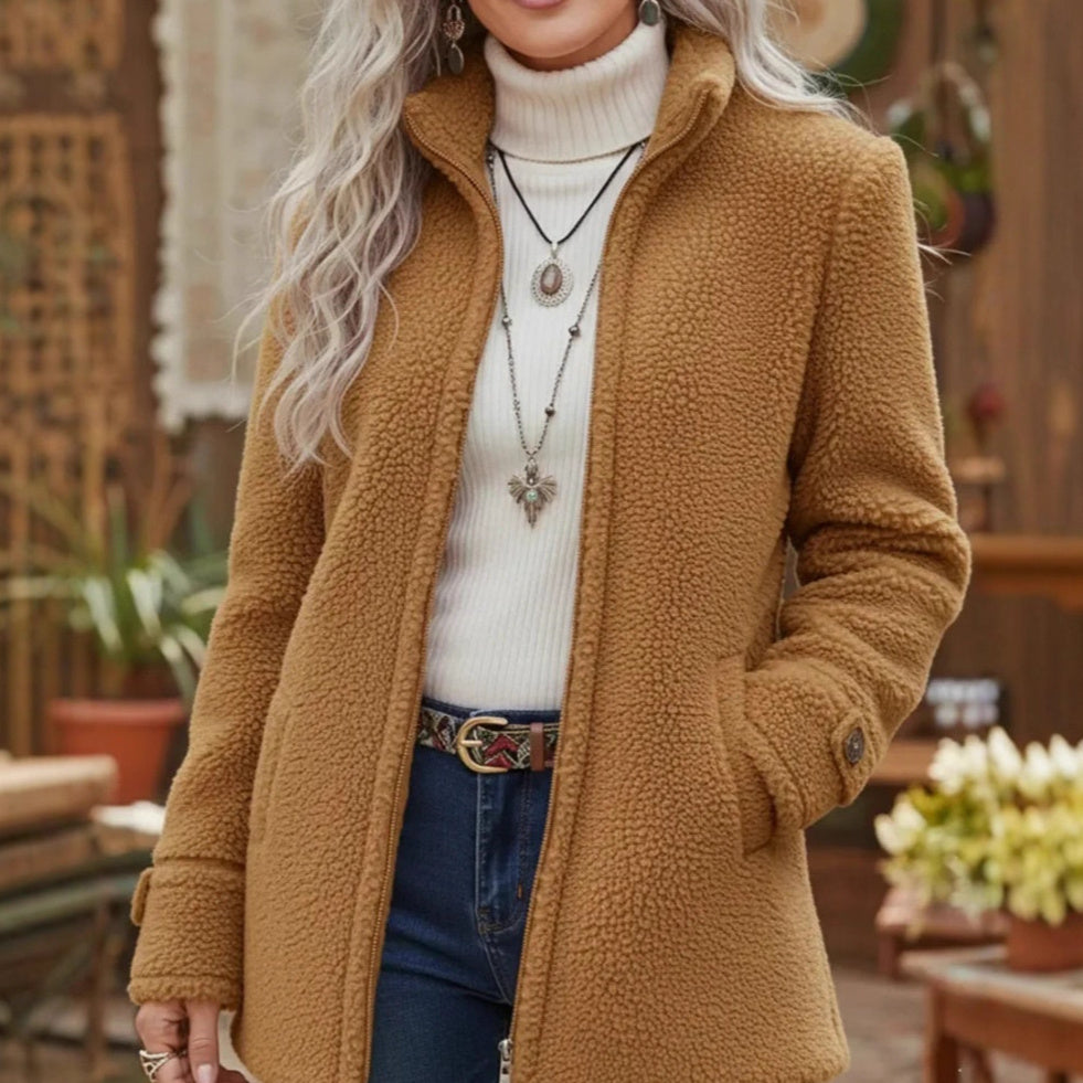 Fleece Zip-Up Jacket Women's Stand Collar Solid Color Loose Fit Casual Long Sleeve Outerwear Clothing by DERILUJA LLC