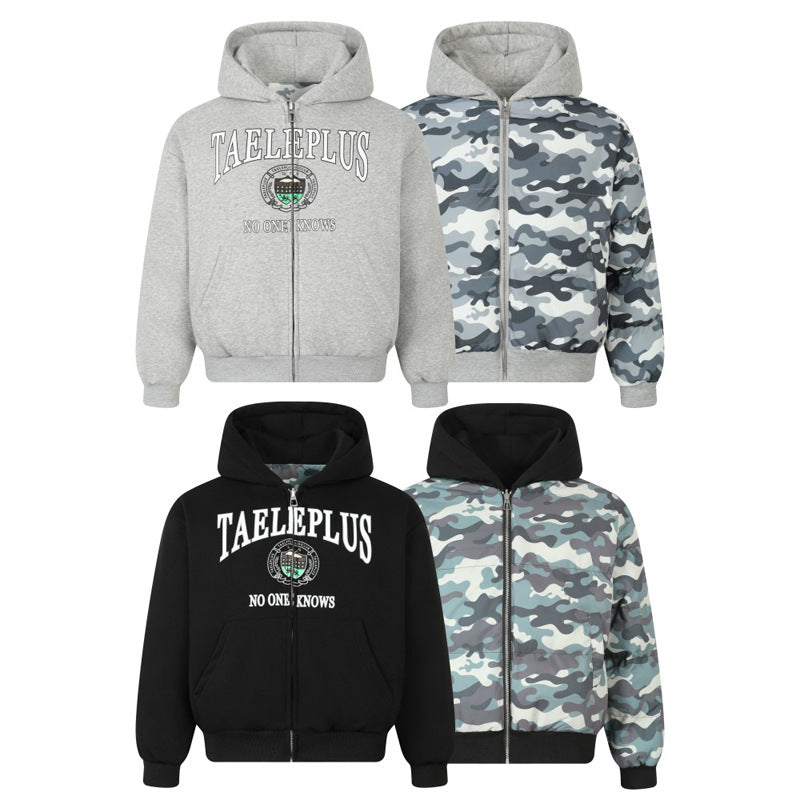 Style Reversible Camouflage Patchwork Oversized Puffer Jacket Winter Fleece-Lined Thick Hooded Warm Coat Trendy by eprolo