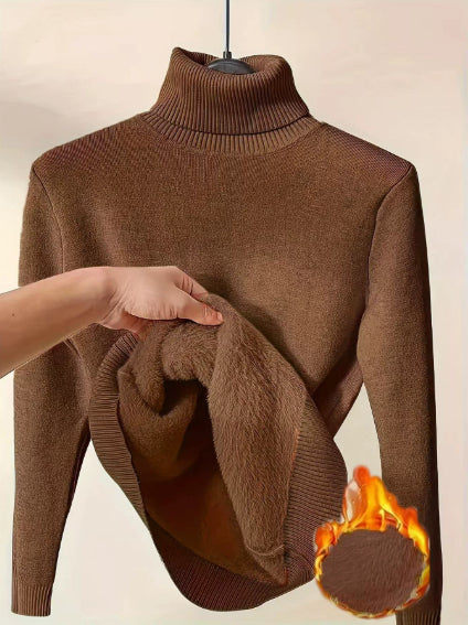 Fleece Turtle Neck Sweater Winter Warm Elegant Thick Knitted Pullover Tops Women's Clothing by DERILUJA LLC