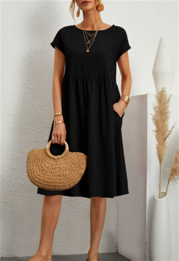 Summer Short-sleeved Dress With Pockets Fashion Solid Round Neck A-line Dresses For Women Clothing by DERILUJA LLC