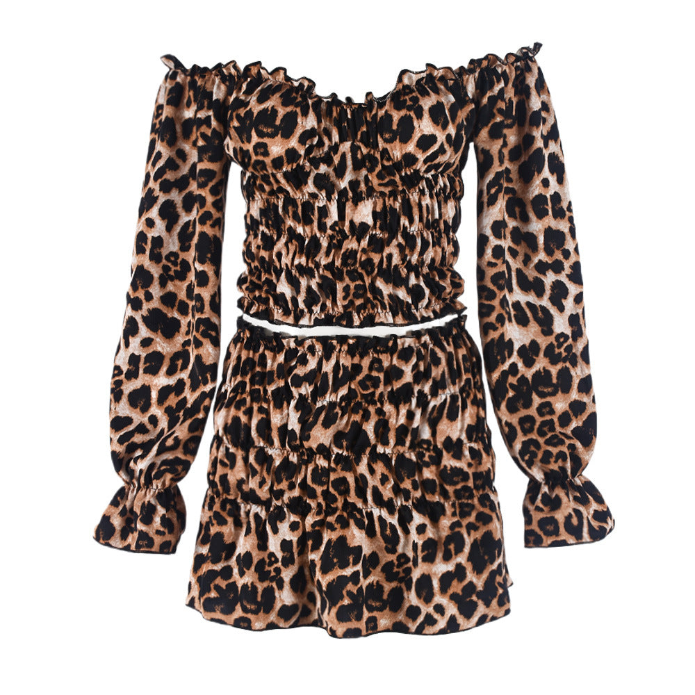 Black spotted leopard print long sleeved short skirt two-piece set for women