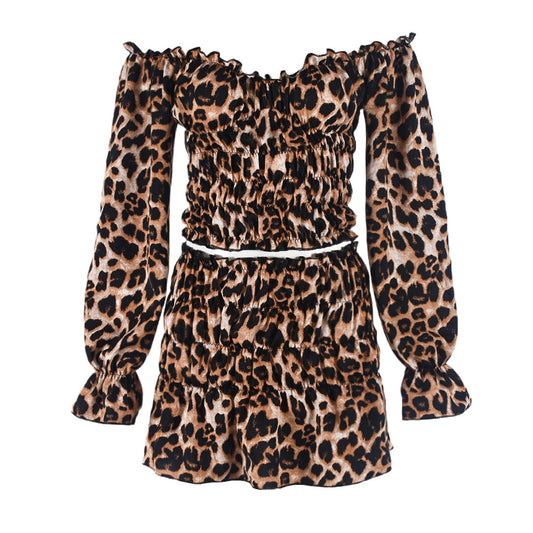 Black spotted leopard print long sleeved short skirt two-piece set for women by eprolo