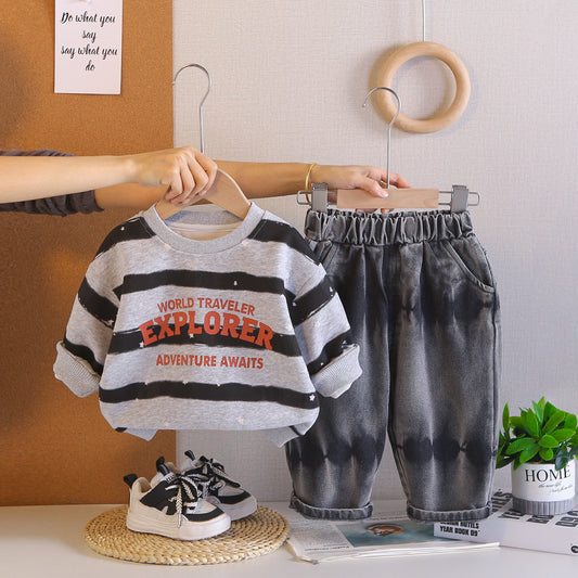Spring and Autumn striped letter round neck long sleeved two-piece set by eprolo