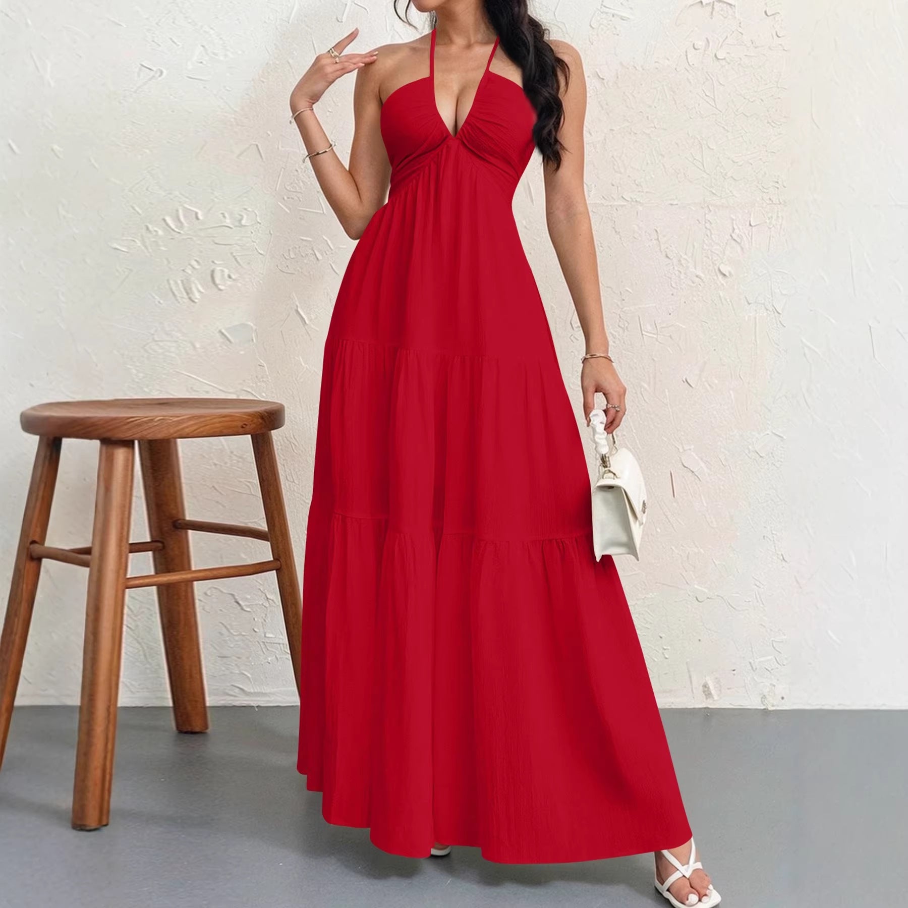 Backless Halterneck V-Neck Pleated A- Line Dress Women's Clothing One-Piece Dress Ankle-length Skirt For Beach Vacation Outfits by DERILUJA LLC