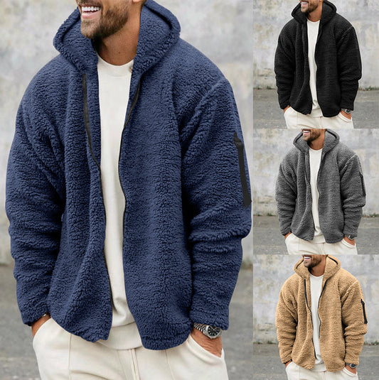 Plush Hooded Jacket Men's Autumn And Winter Fleece Double-sided Wear Warm Coat With Zipper Loose Casual Jacket Outdoor Clothing by DERILUJA LLC
