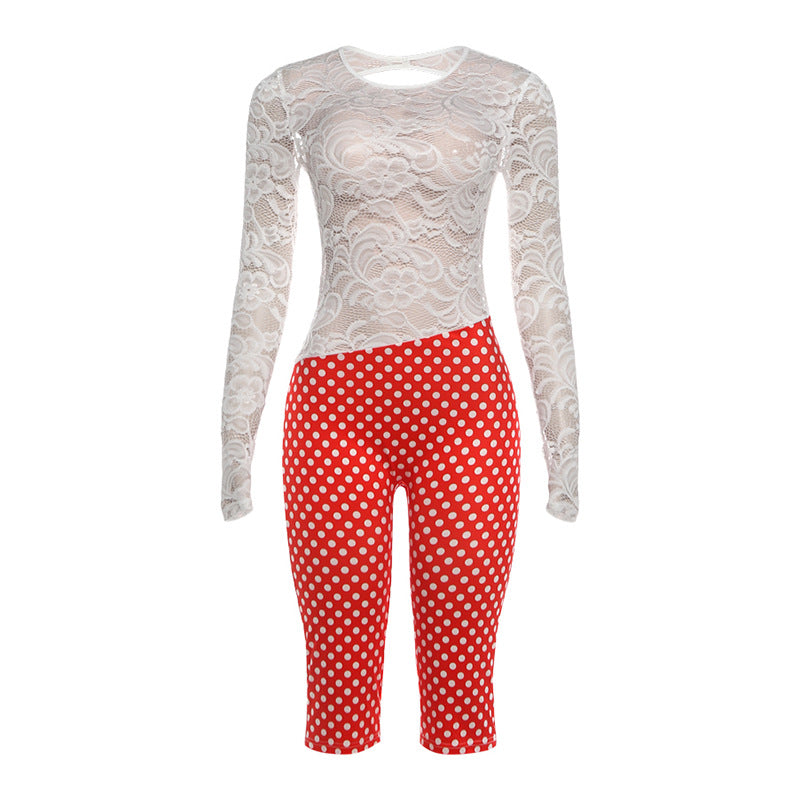 Fashion Creative Lace Spliced Polka Dot Print Bodycon Backless Jumpsuit by eprolo