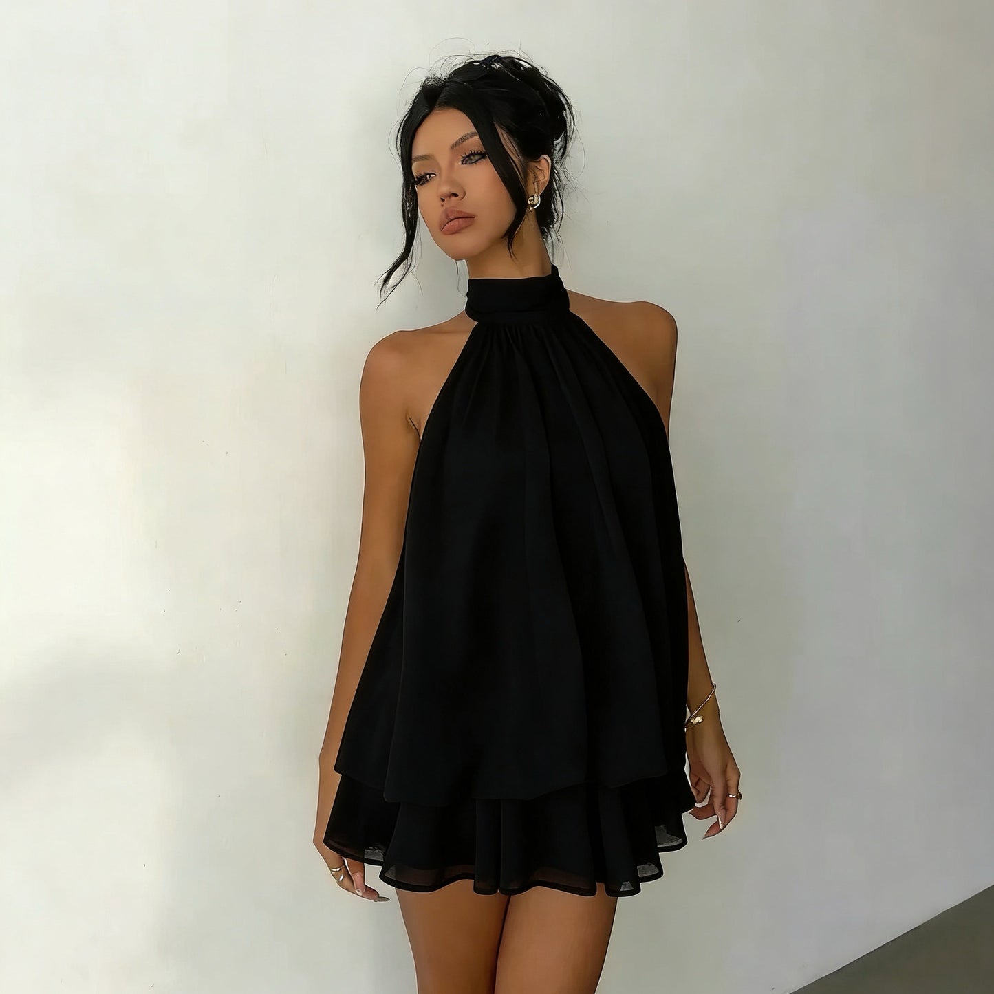 Women's vacation fitted sexy backless halter neck tie-waist dress with puffy short skirt by eprolo
