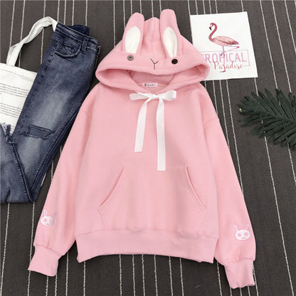 Women Cute Bunny Hoodie Long Sleeve Hoodie Lovely Female Rabbit Hoody Sweatshirts Loose Size Lovely Cotton Treetwear