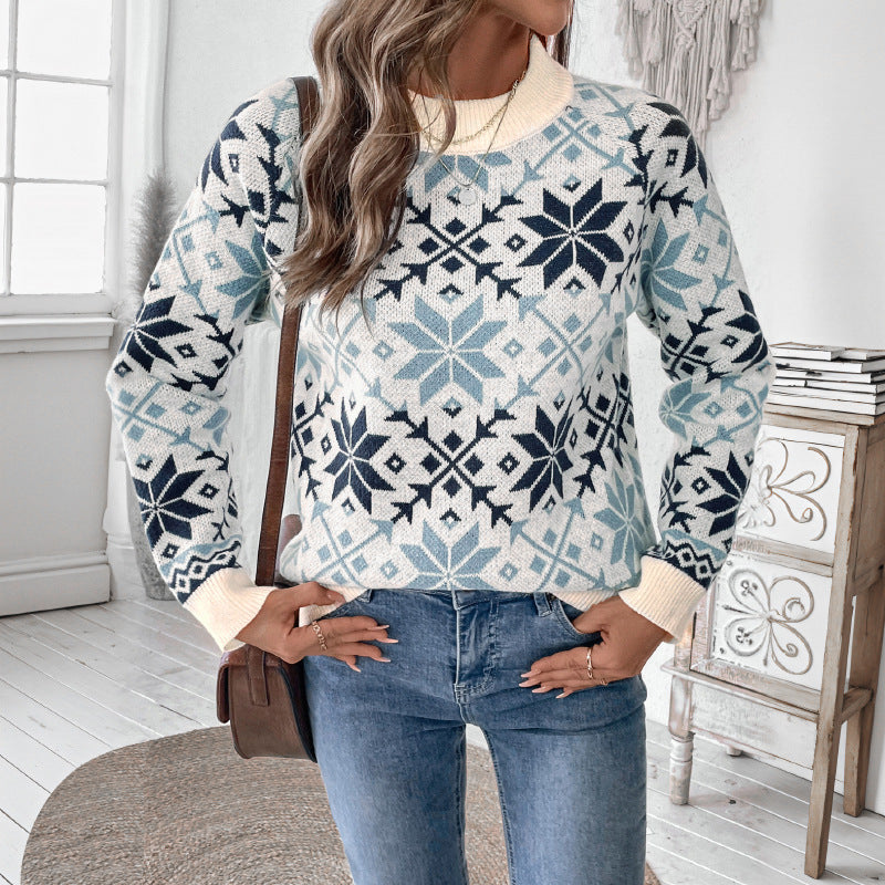 Long sleeved round neck snowflake geometric pattern sweater by eprolo