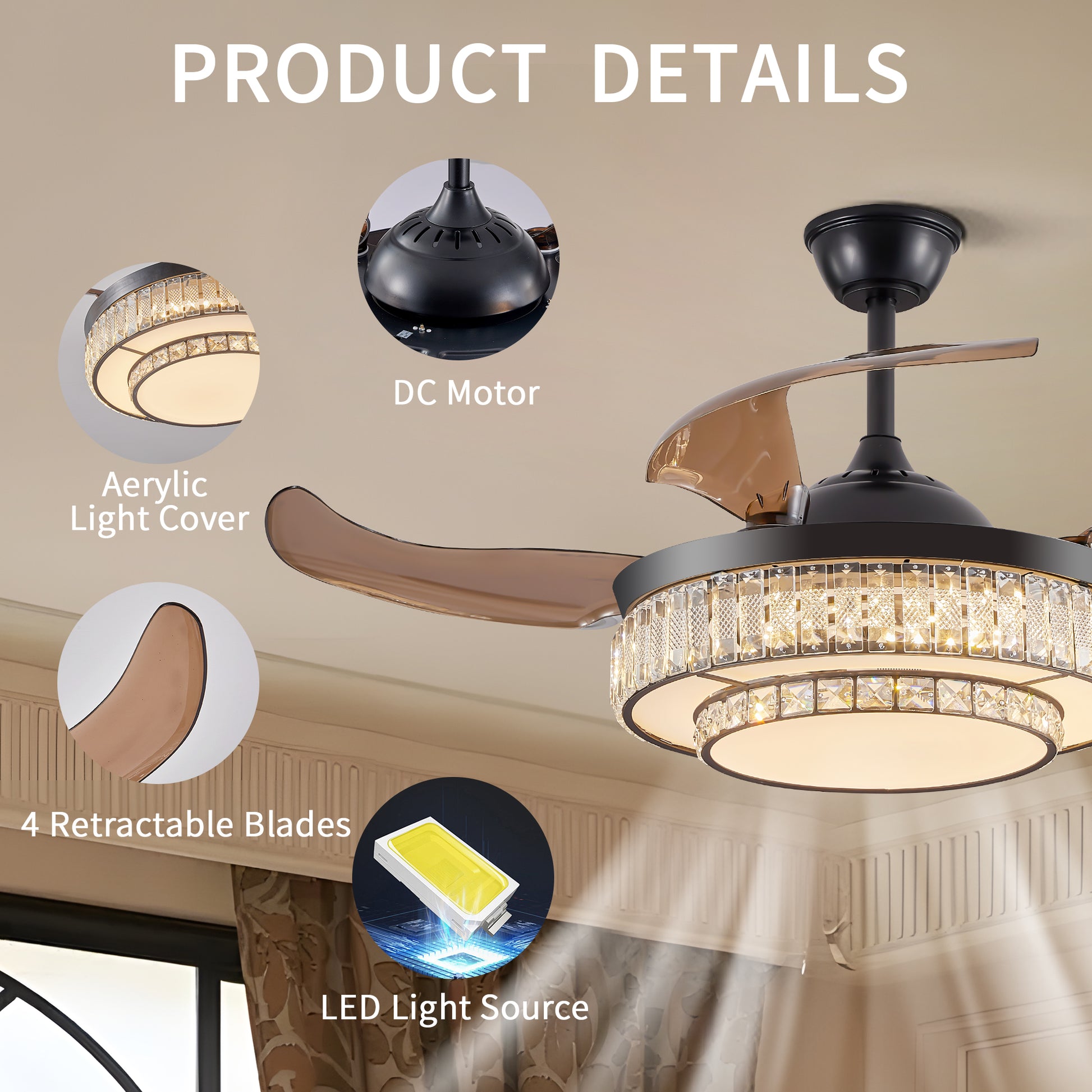 Modern LED retractable ceiling fan with lighting and remote control, silent reversible motor, 4-blade modern ceiling fan by eprolo