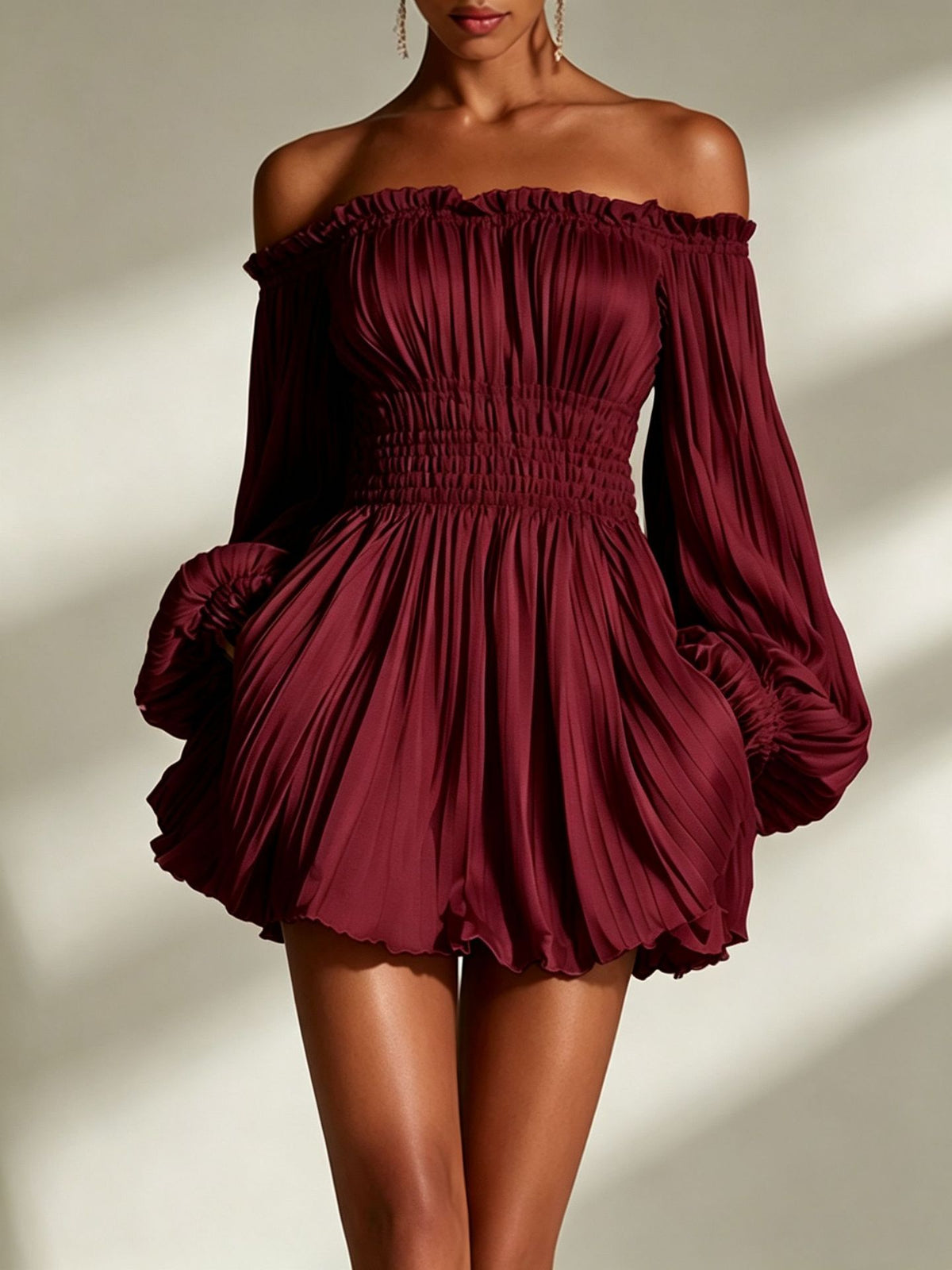 Elegant One-Shoulder Pleated Fitted Long Sleeve Dress for Women by eprolo