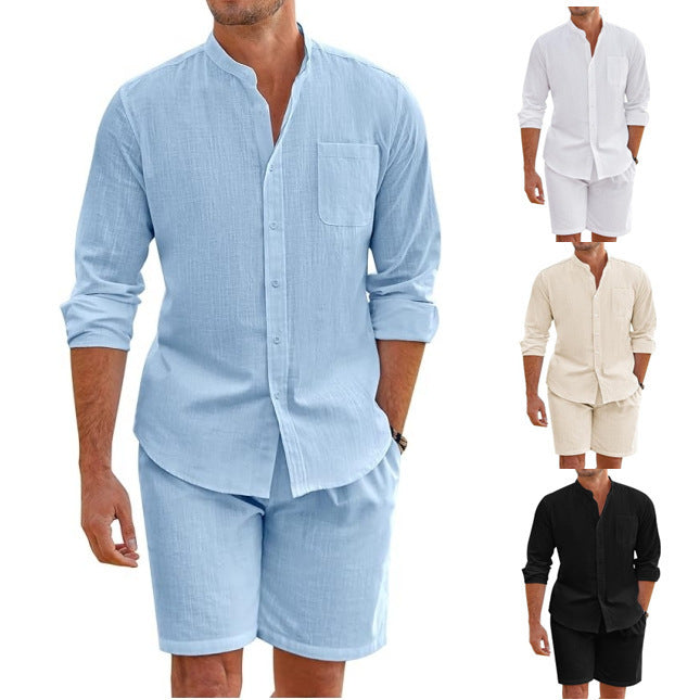 Casual Men's Summer Two-Piece Set Polyester Button-Up Long Sleeve Shirt and Shorts Cardigan Simple Leisure Beachwear by eprolo