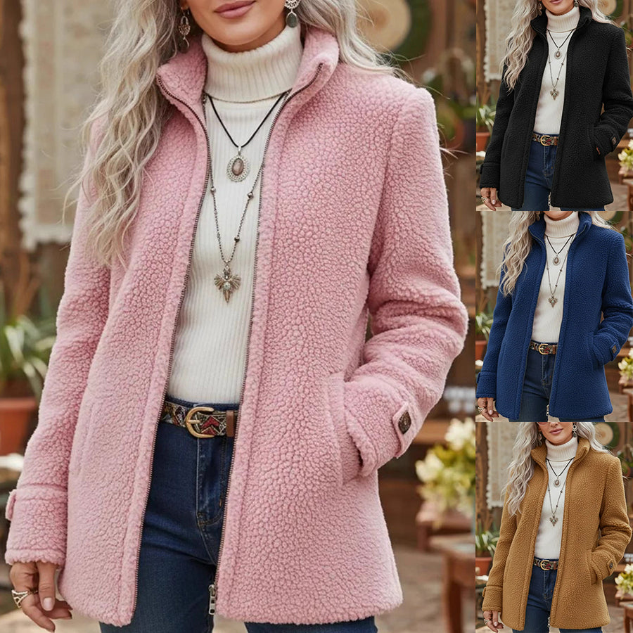 Fleece Zip-Up Jacket Women's Stand Collar Solid Color Loose Fit Casual Long Sleeve Outerwear Clothing by DERILUJA LLC