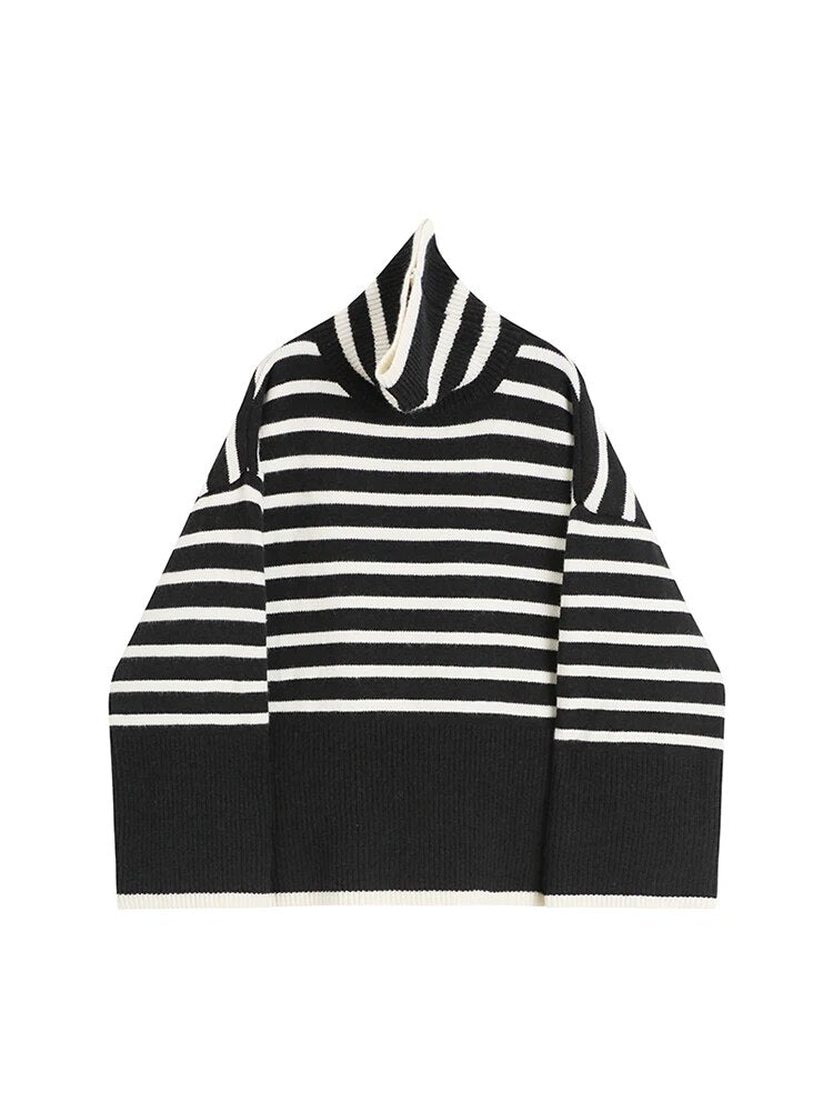 Fashion Kpop Simple Classical Striped Knitted Sweater Turtleneck Long Sleeve Chic Pullovers Streetwear Autumn Winter New Design