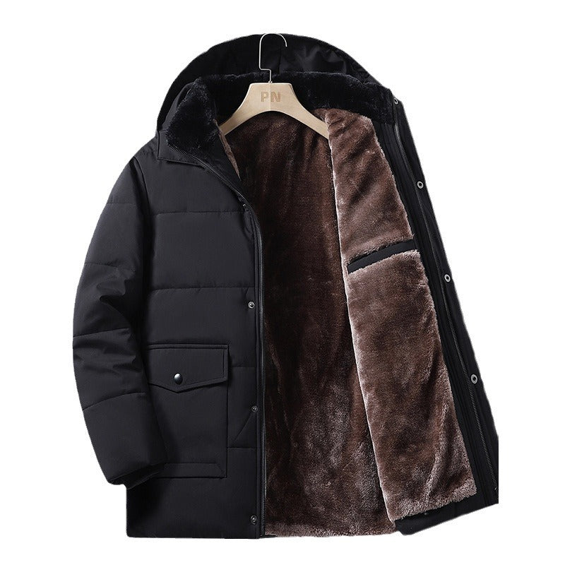 Coat men's winter new style with added velvet and thickened warm cotton clothing, business and leisure mid length hooded plus size men's cotton clothing by eprolo