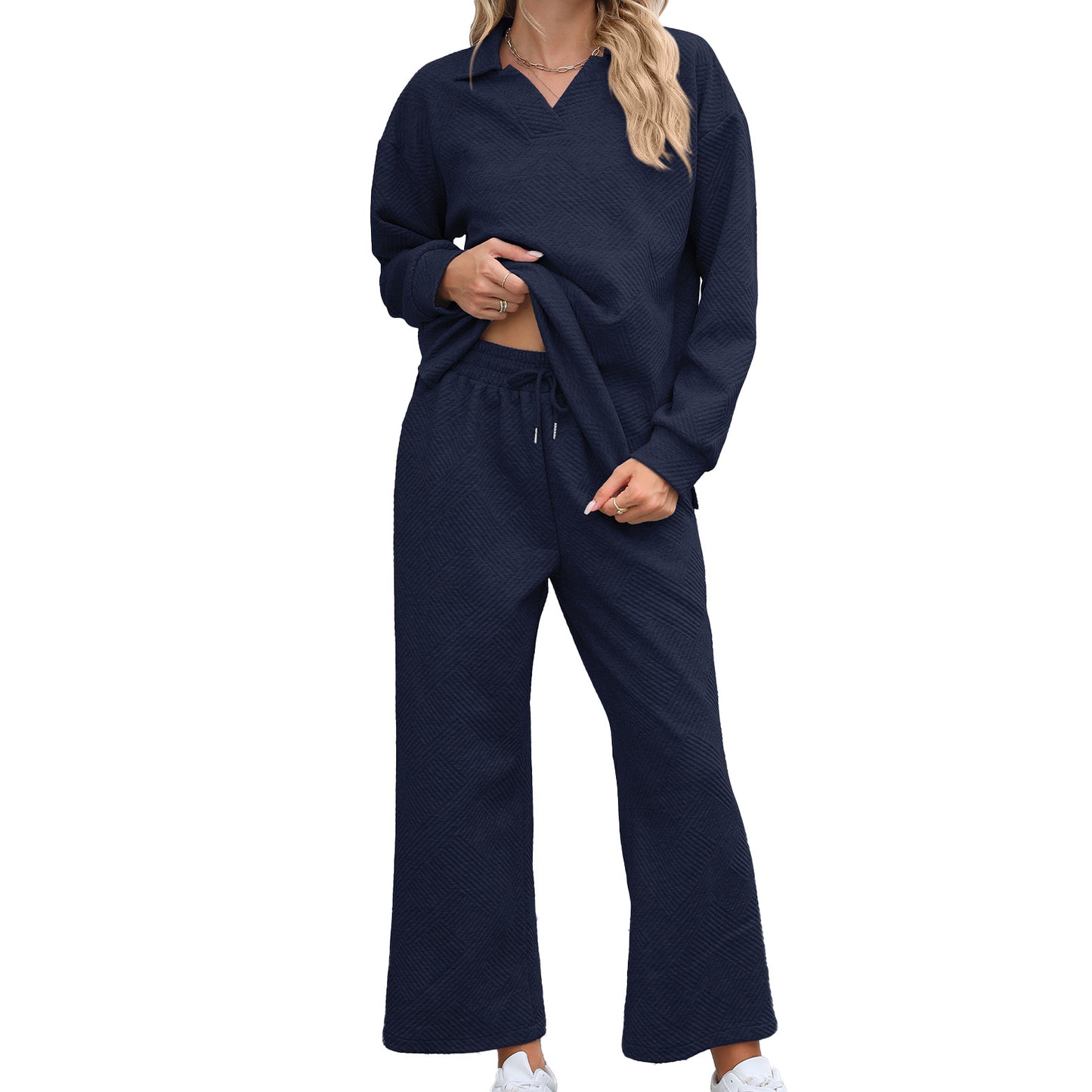 Solid Color Turn-down Collar Long Sleeve Hoodie with Elastic Waist Pants Set by eprolo