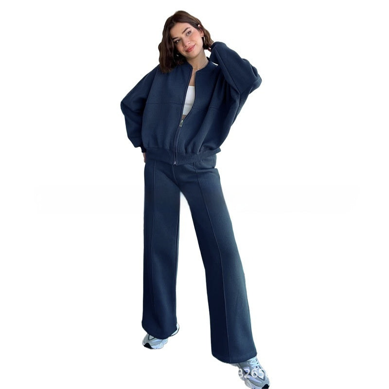 Women's Sports Suits Zipper Jacket And Wide Leg Pants Two-piece Set by My Store