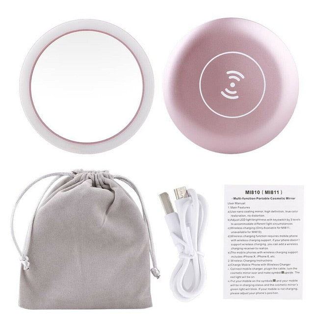 Portable LED Lighted Mini Circular Makeup Mirror Compact Travel Sensing Lighting Cosmetic Mirror Wireless USB Charging