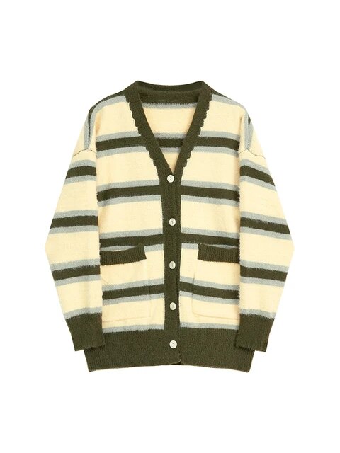 Y2K Vintage Striped Knitted Cardigan Women Harajuku Hip Hop Oversized Sweater Plush O-Neck High Street Korean Streetwear