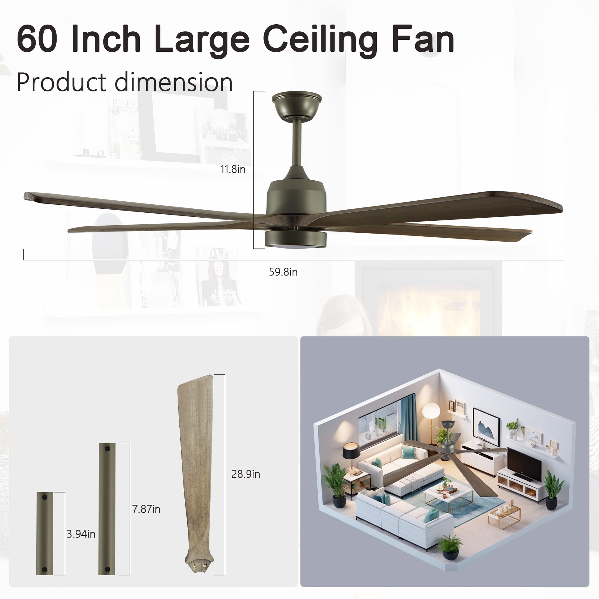 60 "modern wooden ceiling fan with lighting and remote control, 6-speed noiseless reversible DC motor ceiling fan by eprolo