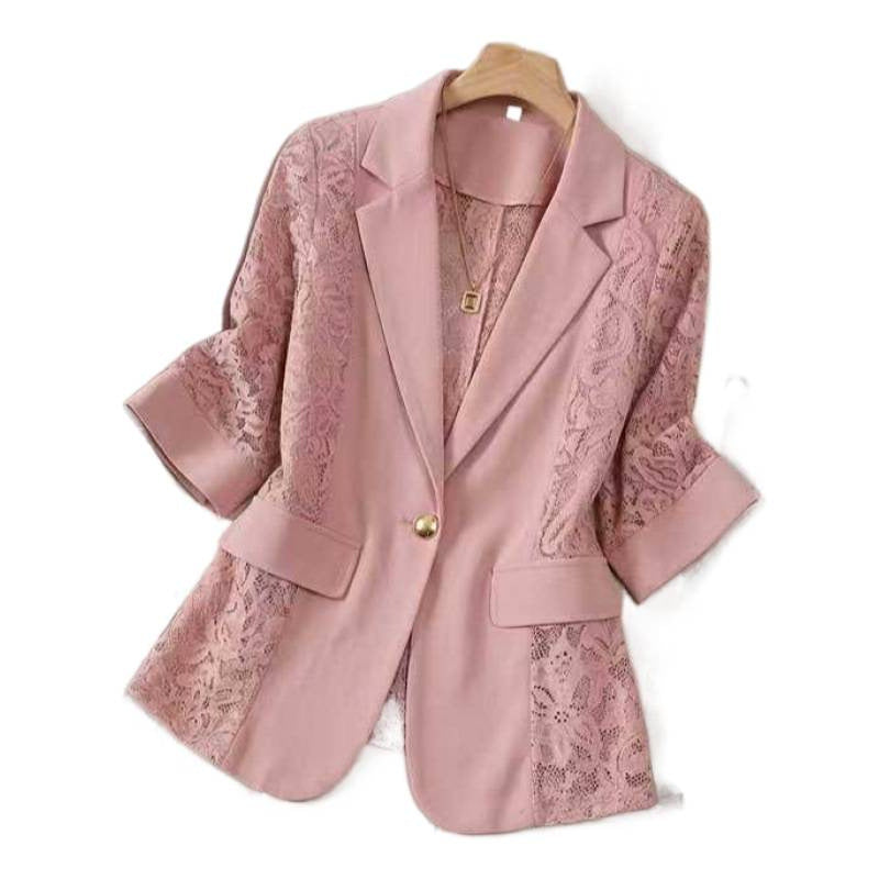 Solid color lace patchwork small suit jacket for women's top by eprolo